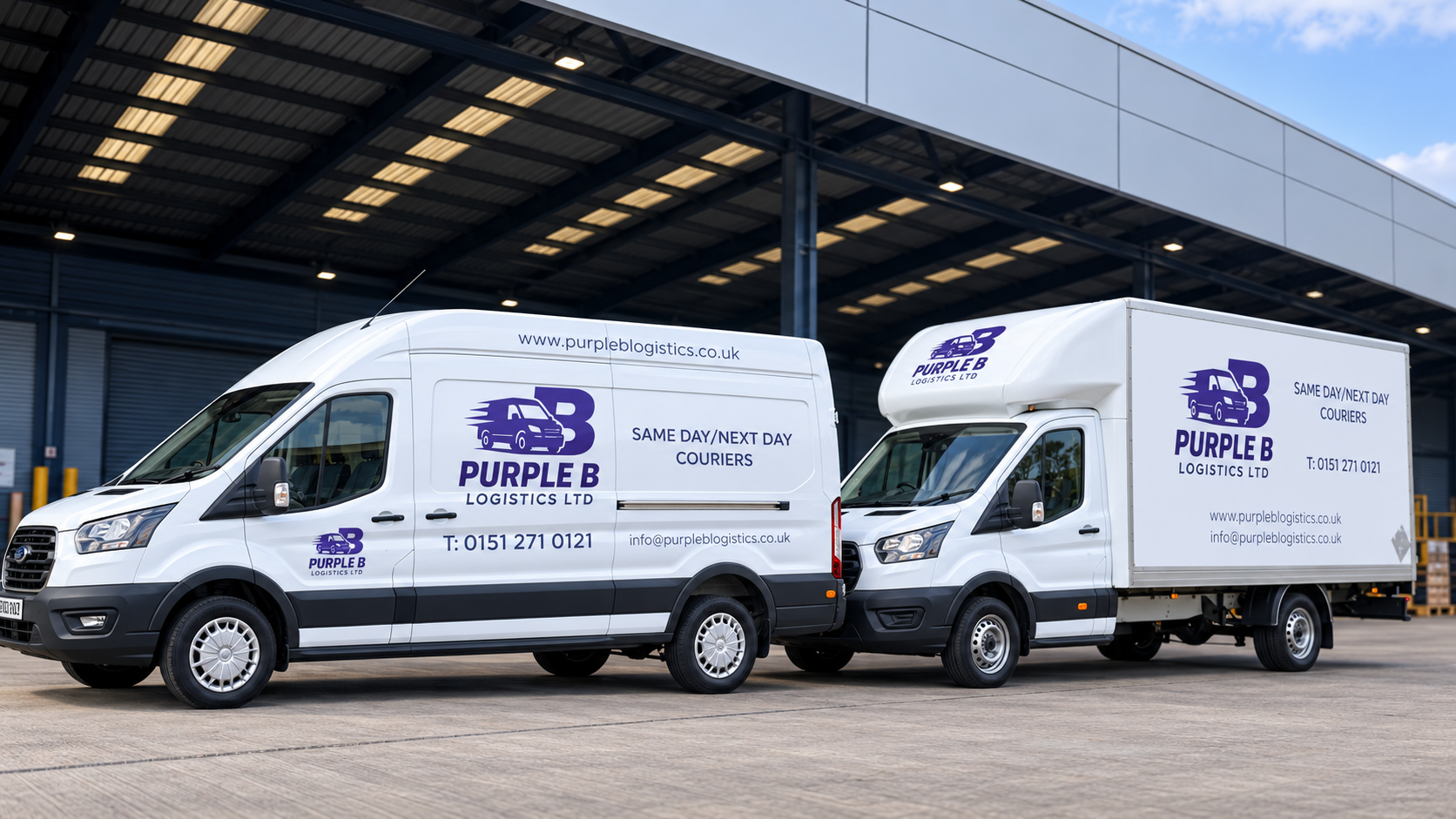 Purple B Logistics long-wheelbase van and Luton box van parked at a distribution depot