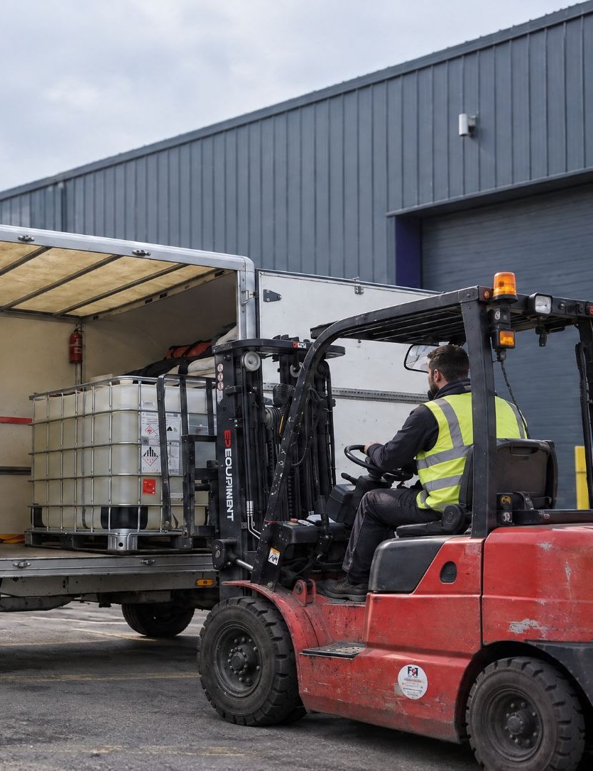 An IBC of chemicals being loaded by forklift into a box van