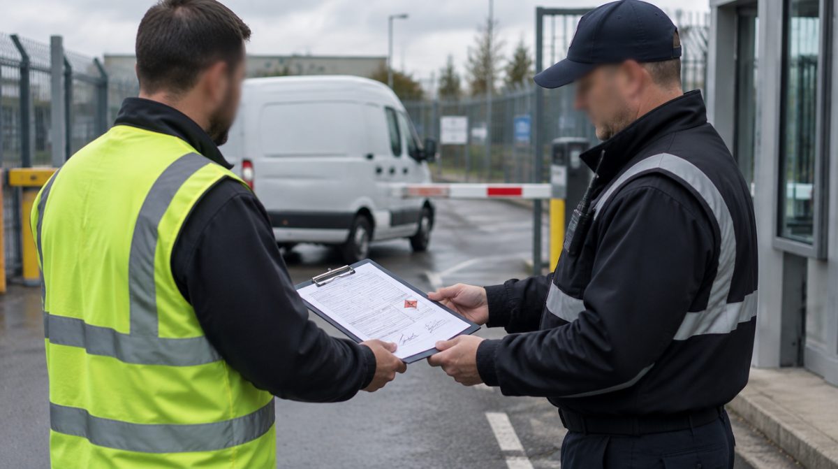 Driver handing signed transport paperwork to a security officer at a gated site